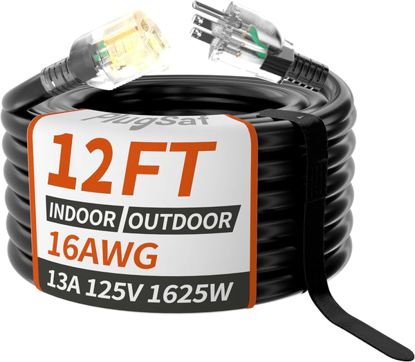 16/3 Gauge Black Outdoor Extension Cord 12 Ft Waterproof with Lighted Indicator, Cold Weatherproof -40°C, Flexible 3 Prong Long Extension Cord Outside,3A 1625W 16AWG SJTW, ETL Listed